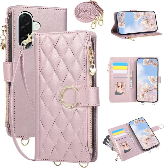 Crossbody Brieftaschen-Handyhülle aus Leder für Samsung Galaxy Modelle in Gold - Bild 1