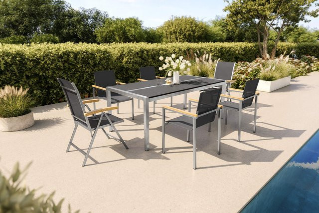 OUTFLEXX Garten-Essgruppe aus Edelstahl und Keramik in Schwarz/Grau mit Tisch und 6 Stühlen, Tisch Breite: 200 cm, Tiefe: 100 cm, witterungsbeständig und modern - Bild 1