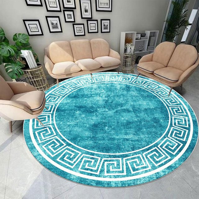 Runder Wohnzimmerteppich Karpetti in Türkis, Waschbarer Flanell-Teppich mit geometrischem Design, Durchmesser: 160 cm - Bild 1