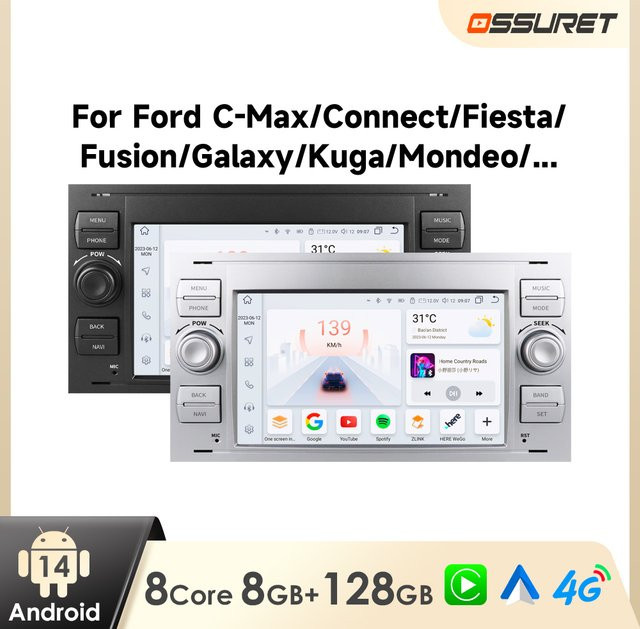 OSSURET Android Auto-Radio mit GPS und Carplay für Ford Focus S-Max C-MAX Galaxy Fiesta Transit Fusion Connect Mondeo Kuga in Schwarz - Bild 1