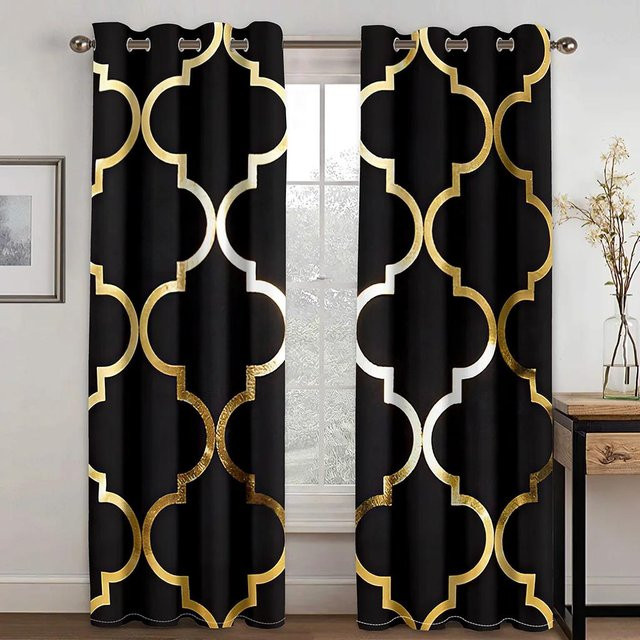 Luxuriöse Vorhänge von Household supplies MH mit abstraktem geometrischem Muster in Schwarz-Gold, semi-transparent, 2er-Set inklusive Haken, Breite: 50 cm, Höhe: 50 cm pro Panel - Bild 1