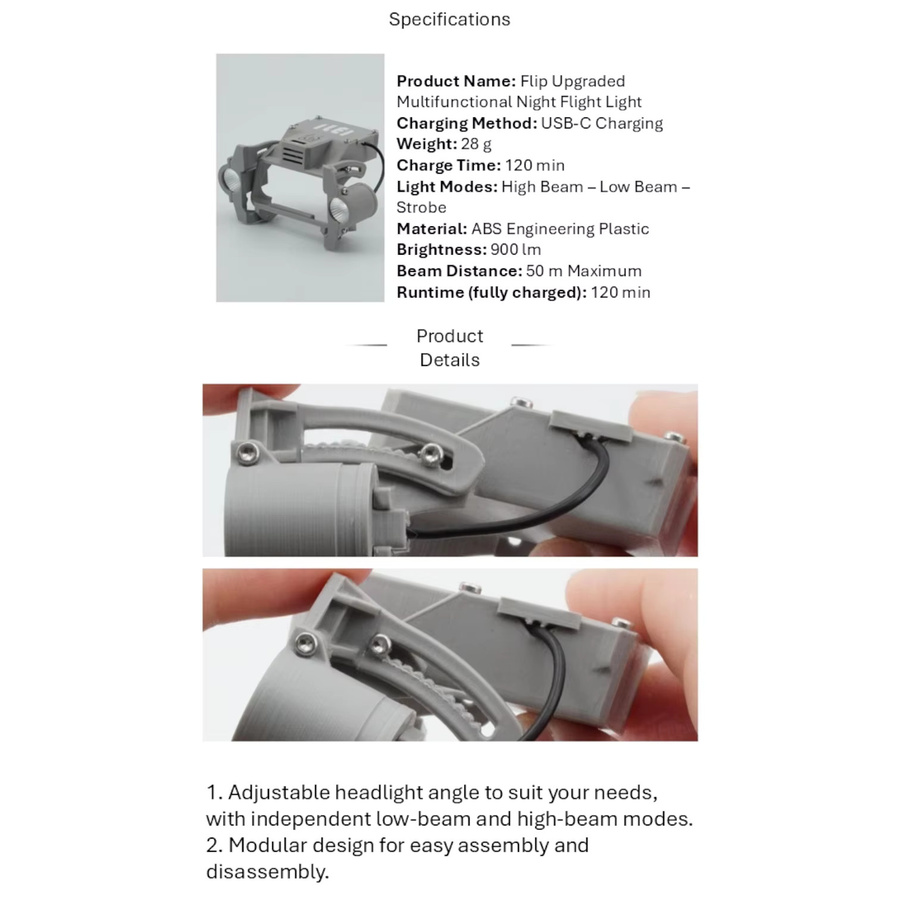 DJI Flip Nachtfluglicht-Zubehör mit 900LM Front- und Bodenbeleuchtung, verstellbarer Winkel und Modi Hoch, Niedrig sowie Stroboskop - Bild 2