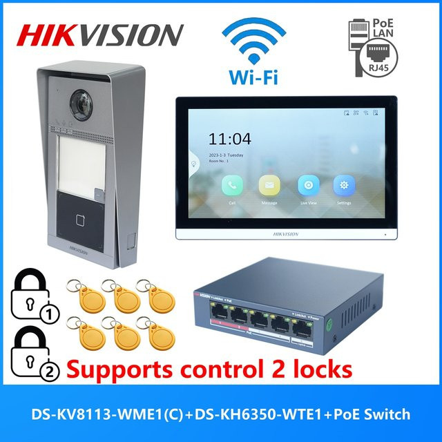HIKVISION Video-Gegensprechanlage-KIT mit PoE-Switch, DS-KV8113-WME1(C) und DS-KH6350-WTE1 in Grau mit Wi-Fi und Ethernet/LAN - Bild 1