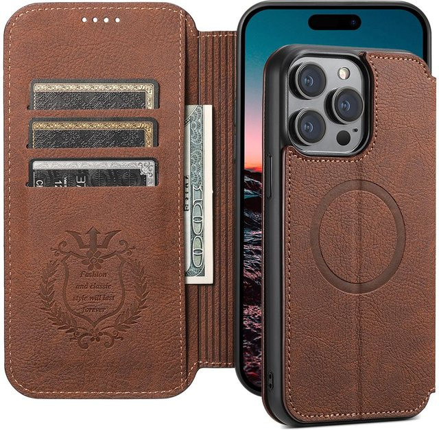 SUTENI MagSafe Leder Luxus-Telefonhülle als Ultra Flip Wallet Kartenhalter für iPhone 12 13 14 15 Pro Max Plus in Schwarz - Bild 1