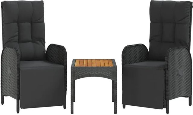Furnicato Outdoor Relaxsessel Set Schwarz mit Tisch und wetterfesten Kissen aus Poly Rattan und Akazienholz, B/T/H: 57 x 62,5 x 109 cm - Bild 1