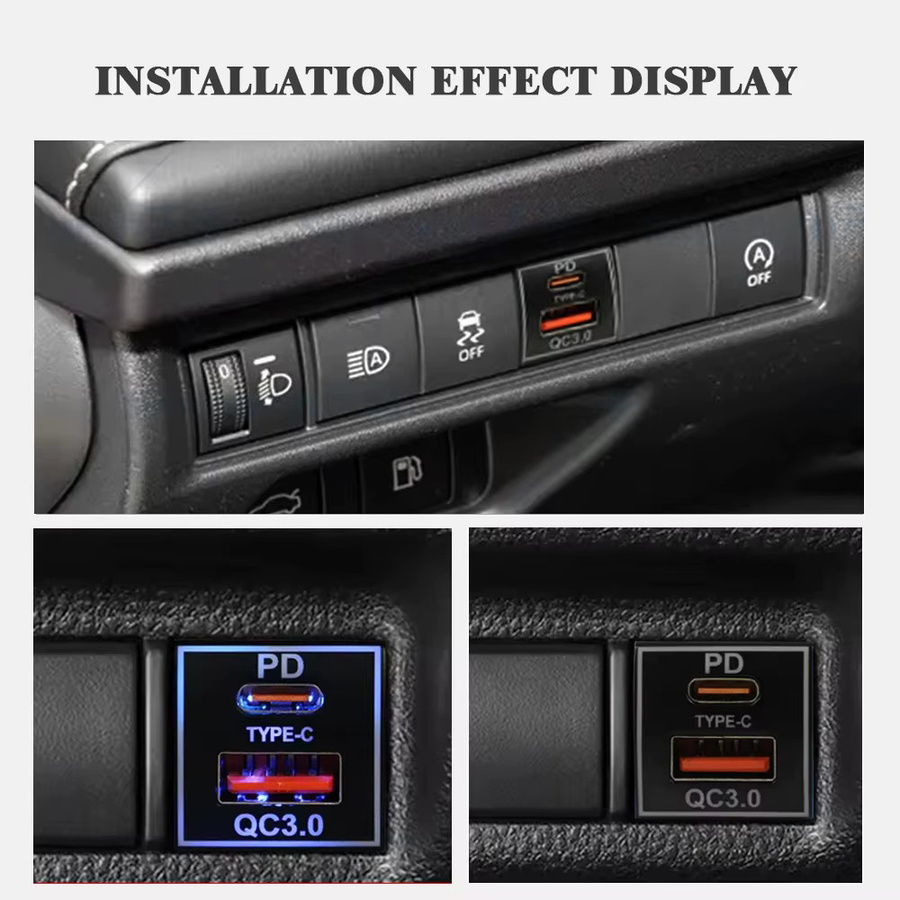 Kebidumei Dual-Port Schnellladegerät für Toyota mit PD QC3.0 und USB-C, 12V-24V, Schwarz mit blauer LED-Anzeige - Bild 4