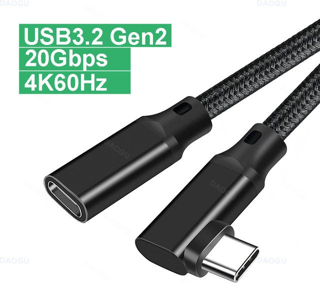 Letusoon USB-C Verlängerungskabel mit 90 Grad Winkel, USB 3.2 Gen2 Typ C Stecker auf Buchse, 20 Gbit/s, 4K 60 Hz Videoübertragung, Schwarz - Bild 1