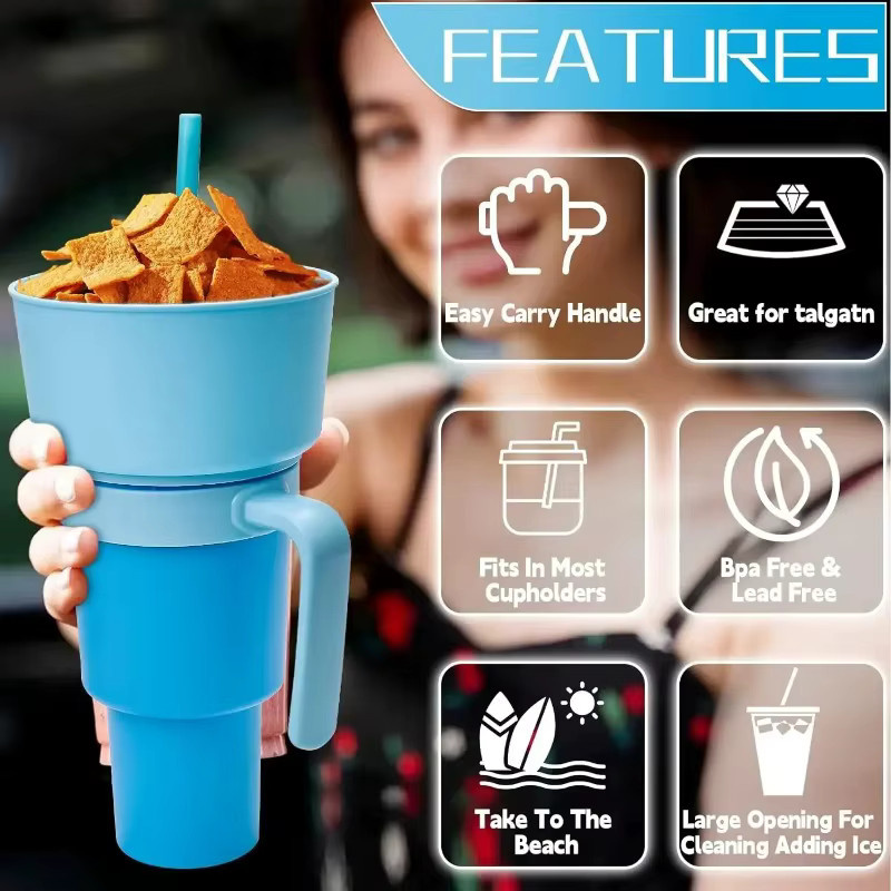 2-in-1 Popcorn-Snackbecher und Getränkebecher mit Griff in Blau, tragbares Design mit B/T/H: 26,0 x 14,0 cm - Bild 4