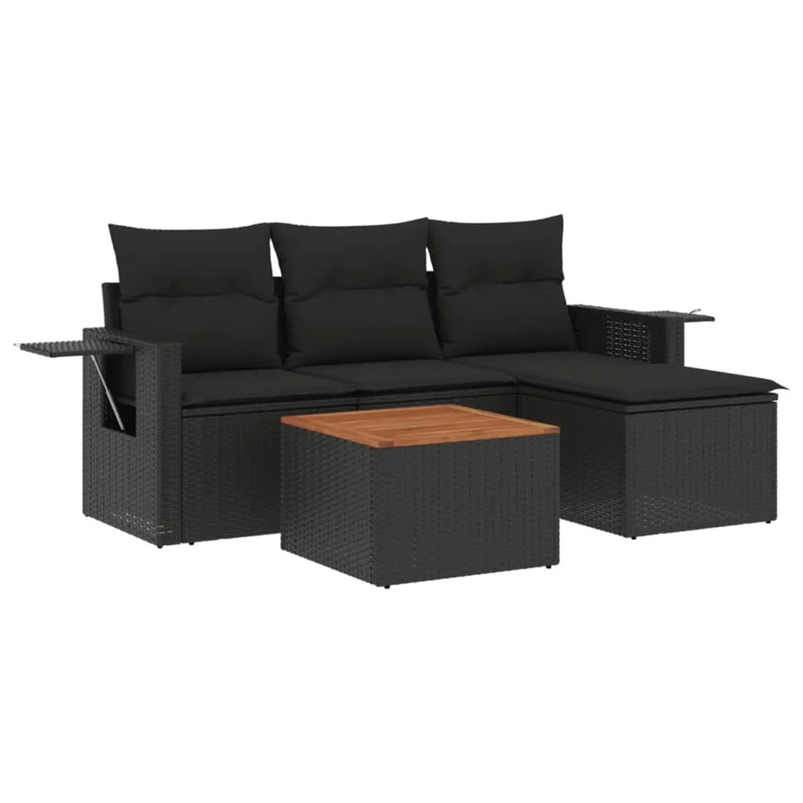 vidaXL 5-tlg Garten-Sofagarnitur aus Poly-Rattan und Akazienholz in Schwarz mit Kissen Modell 115 - Bild 2