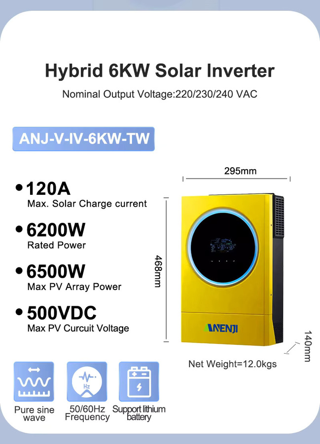ANENJI 6KW 48V Hybrid-Solarwechselrichter mit 120A MPPT Solarladegerät und 6000W 500VDC PV-Eingang - Bild 3