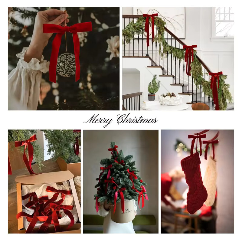 12er Set Weihnachts-Bogen Dekoration Vintage DIY Textil-Schleifen in Rot für Weihnachtsbaum und Party-Deko - Bild 5