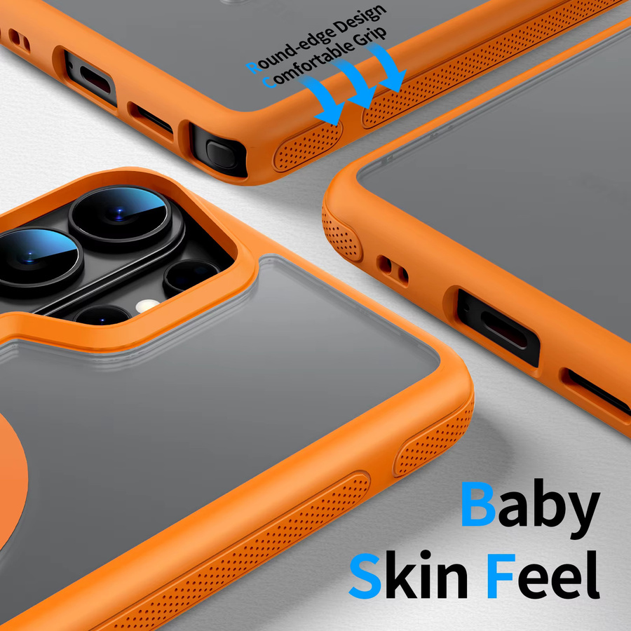 MagSafe Matte Handyhülle für Samsung Galaxy S26 Ultra Plus mit weichem TPU-Bumper und harter PC-Rückseite, magnetisch und durchscheinend, Schwarz/Transparent/Orange - Bild 5