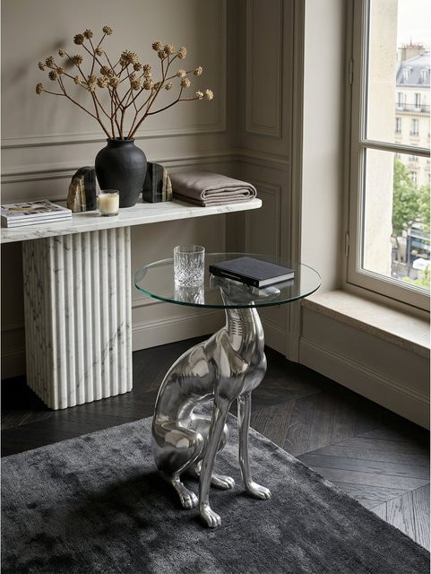 Beistelltisch KADIMA DESIGN mit Hundefigur aus Aluminium und Glas in Silber, B/T/H: 40 x 40 x 50 cm - Bild 1