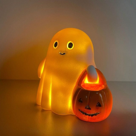 Kreative Halloween Geist Figur mit Kürbis als dekorative Harz Skulptur in Weiß mit Leuchteffekt