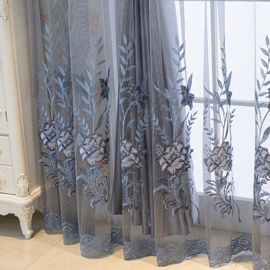 CENTURyMiG Blumenvorhang im nordischen Stil mit floraler Stickerei, zweilagig in Grau und Transparent, B: 100 cm, H: 130 cm - Bild 4