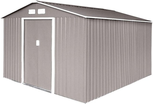 Hattoro S300 Metall Gerätehaus mit Bodenrahmen und Doppel-Schiebetüren in Hellgrau mit 12,5 m³ Volumen und Satteldach - Bild 1