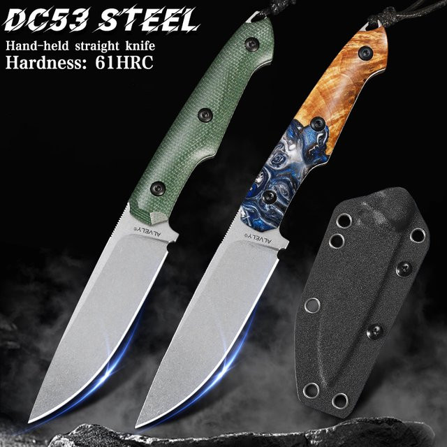 ALVELY Handgefertigtes DC53-Messer mit feststehender Klinge und K-Style-Scheide in Multicolour für Outdoor, Camping und EDC - Bild 1