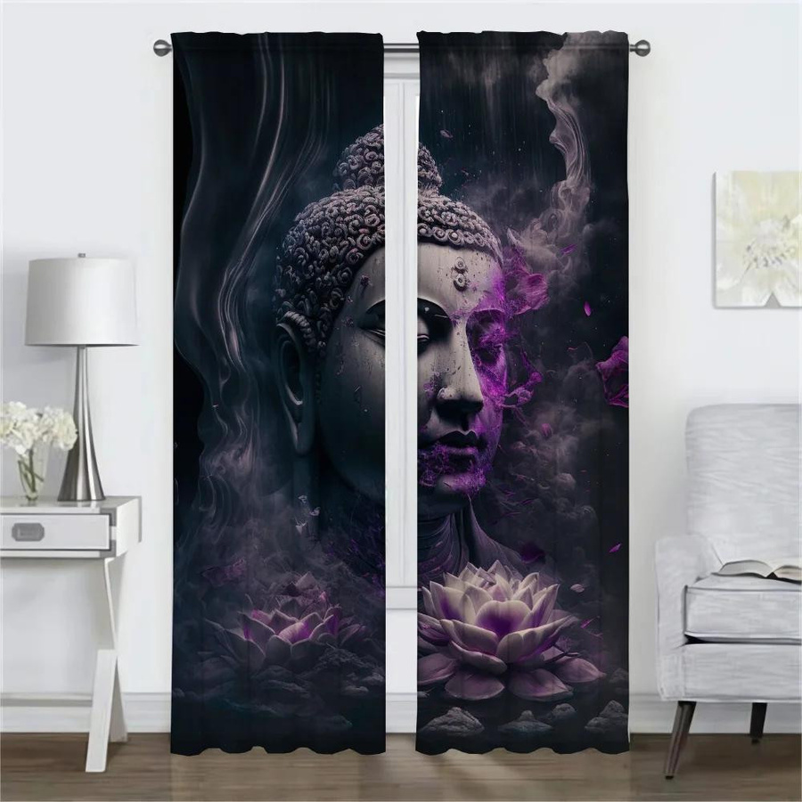 Indische Buddha-Vorhänge für dein Wohnzimmer, 2 Paneele, halbtransparent, Mehrfarbig, Breite: 50 cm, Höhe: 70 cm - Bild 3