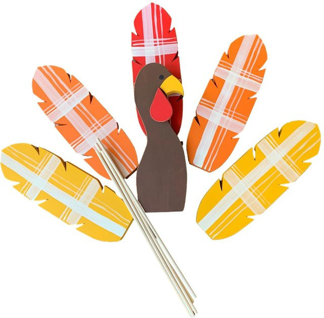 Buntes Thanksgiving Truthahn Pflanzgefäß aus Holz mit realistischem Truthahnkopf und Federn, Farbe: Mehrfarbig - Bild 1