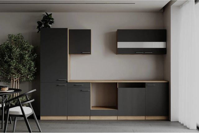 Respekta Küchenzeile Merle modern in Grau mit Eiche Sägerau Nachbildung und Soft-Close-Glasfronten, Breite: 280 cm, Höhe: 200 cm - Bild 1