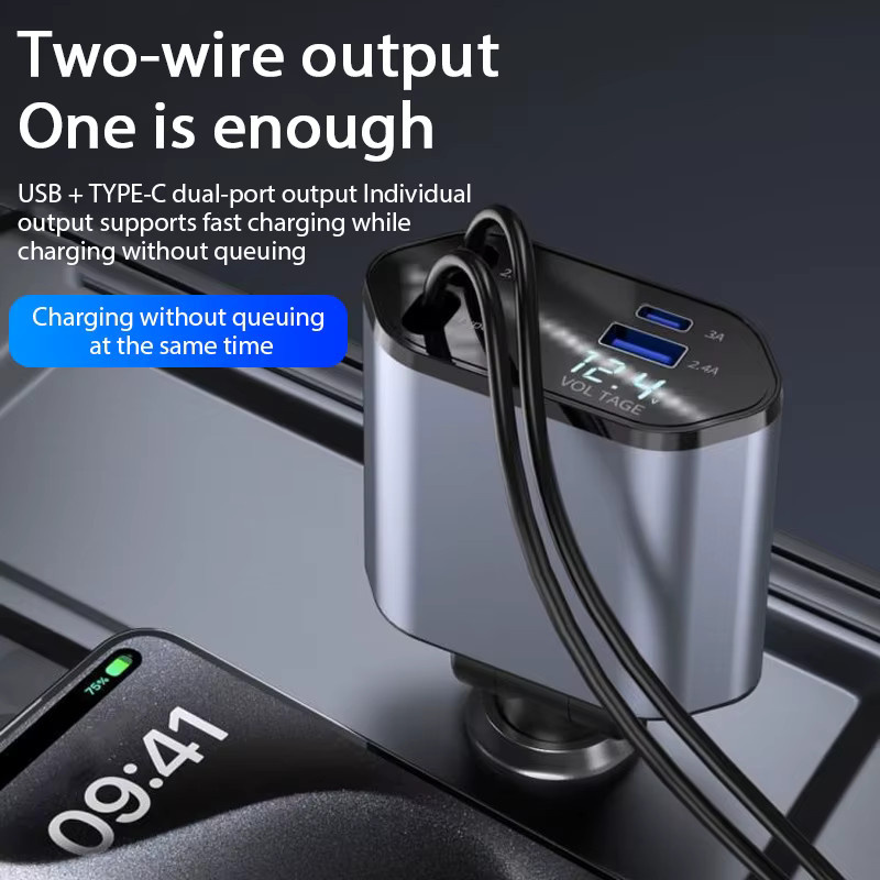 YTYIN 4 in 1 120 W Auto Ladegerät mit USB Typ C und versenkbarem Zigarettenlighter Adapter für iPhone, Xiaomi, Huawei und Samsung - Bild 2