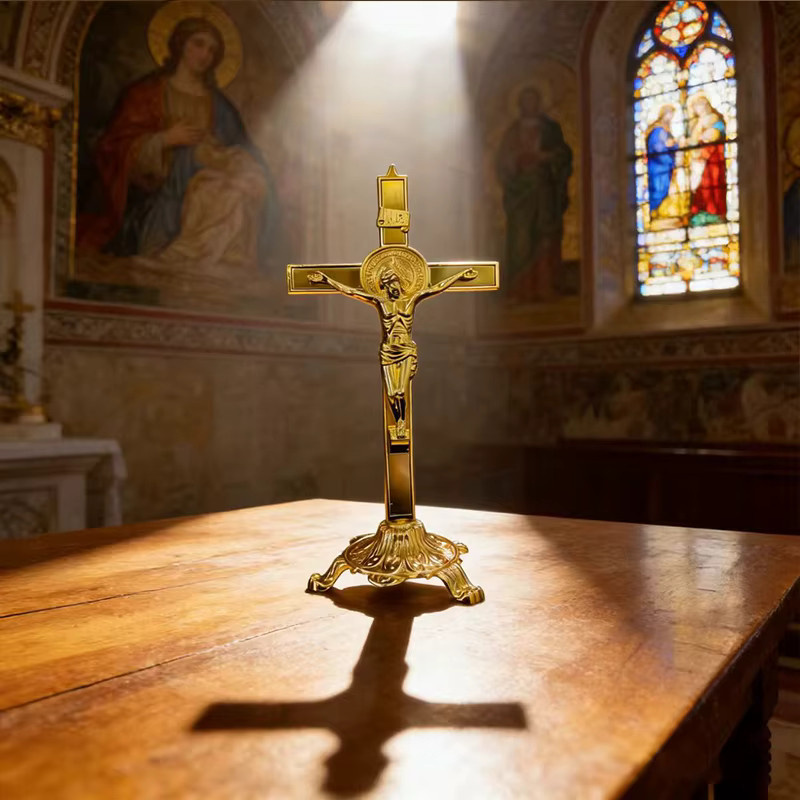 HTISOK Goldener stehender Kruzifix mit INRI-Inschrift und Heiliger-Benedikt-Medaillon aus Metall für die Kirchendekoration und spirituelle Andacht in Gold und Grün - Bild 2