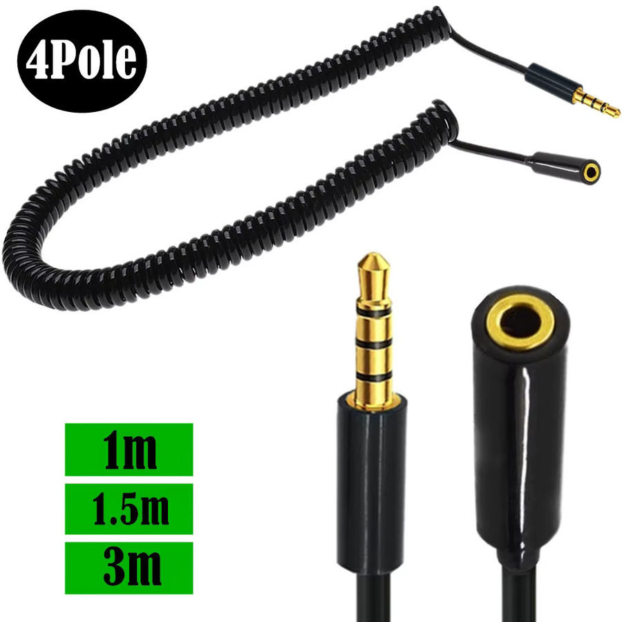 BSN Spiralkabel 3,5 mm Jack 4-poliges TRRS auf TRRS Stereo-Audio-AUX Verlängerungskabel in Schwarz - Bild 3