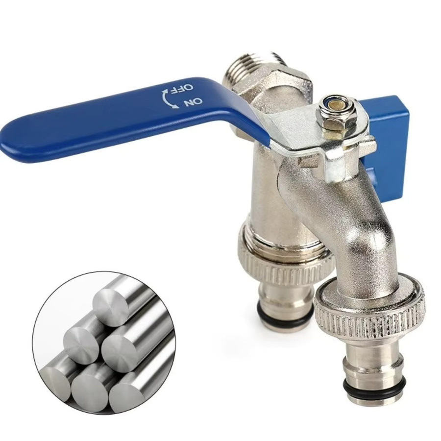 Doppelkopf-Wasserhahn-Adapter aus Metall mit Ventil-Schalter für Gartenbewässerung und Waschmaschine in Gelb und Silber - Bild 2