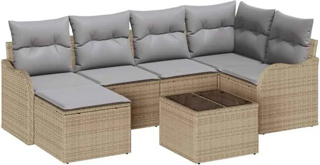 7-teiliges vidaXL Garten-Sofa-Set aus Polyrattan in Beige und Grau mit Kissen und Tisch - Bild 1