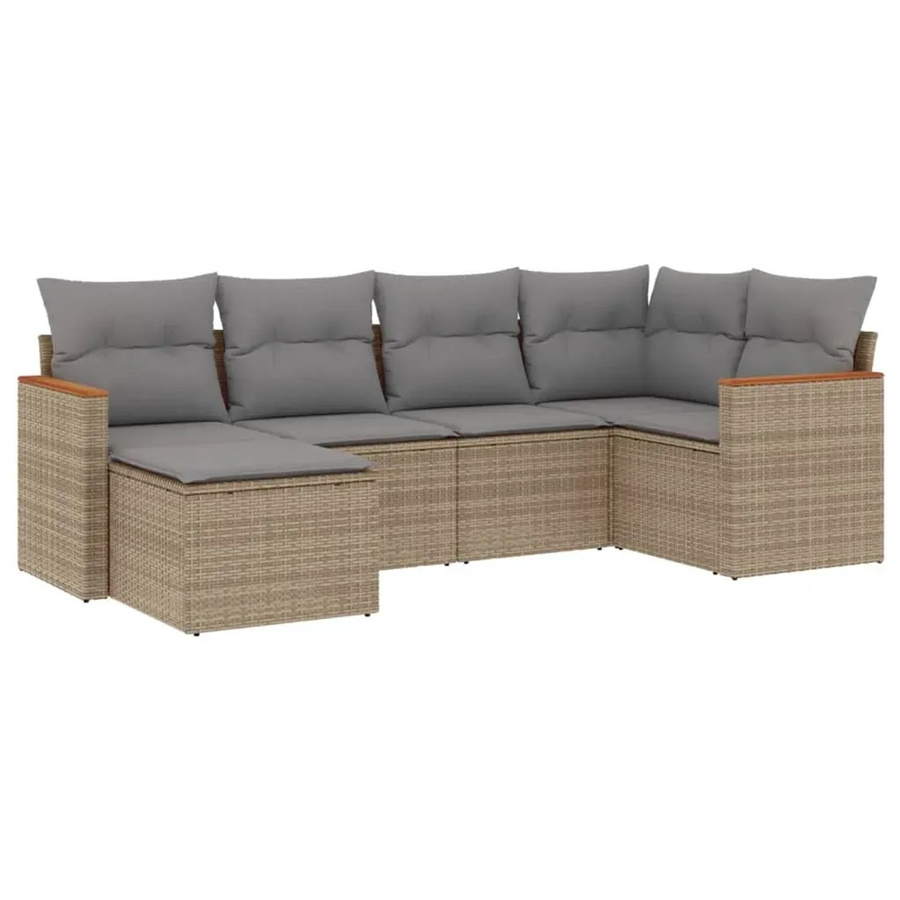 vidaXL 6-teilige Garten-Sofagarnitur in L-Form aus Poly-Rattan und Akazienholz mit Kissen in Beige - Bild 2
