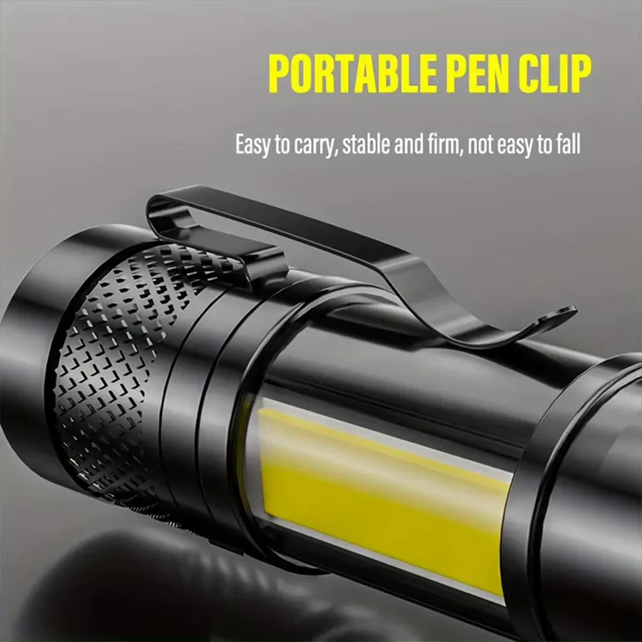 Mini LED Taschenlampe mit COB und XPE, tragbare taktische Taschenlampe mit Zoom und Stift-Clip, Schwarz - Bild 5
