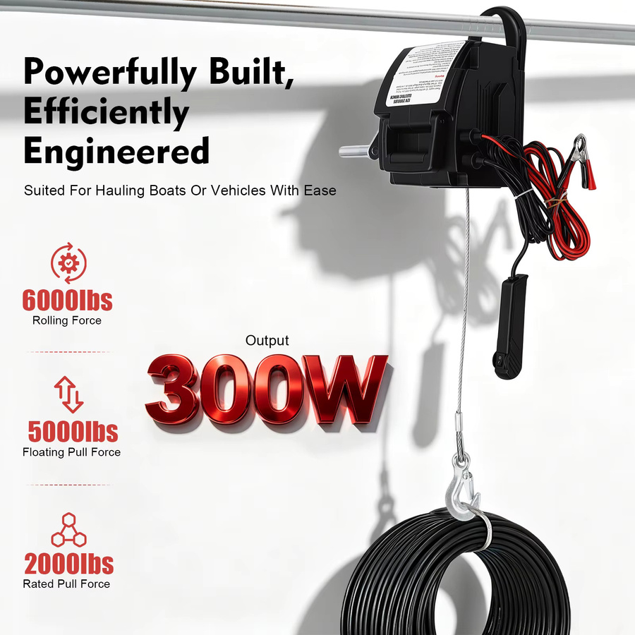 Bymaocar Tragbare Elektrowinde 12V 300W für Boote und Anhänger, 9,2m Seillänge, Schwarz, inklusive Montageplatte, Handkurbel und Kabelfernbedienung - Bild 2