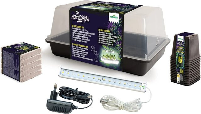 Romberg Zimmergewächshaus-Set Basic Starter Box in Schwarz mit LED Pflanzenbeleuchtung, 15 Kunststofftöpfen und 5 x 1 Liter komprimiertem Anzuchtsubstrat für dein Homegrowing - Bild 1