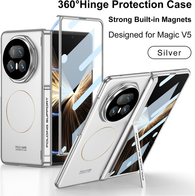 Magnetische Armor Hülle für Honor Magic V5 mit Frontbildschirmglas und mattem Kunststoff-Cover in Silber - Bild 1