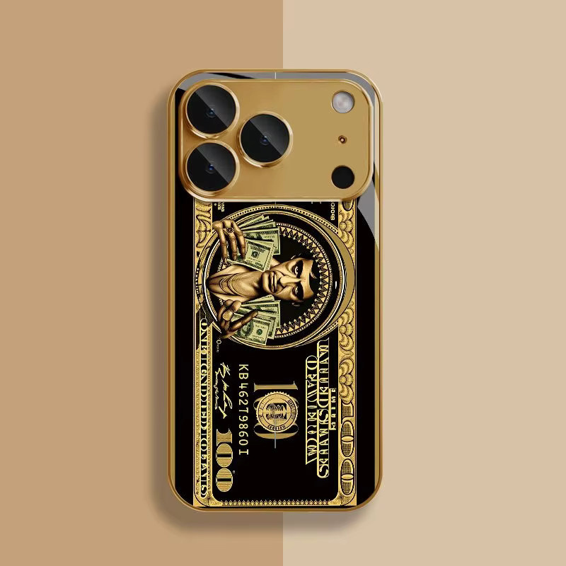 Handyhülle mit Kunstdesign-Muster für iPhone 11 bis 18 Pro Max Plus in Gold mit gehärtetem Glas - Bild 2