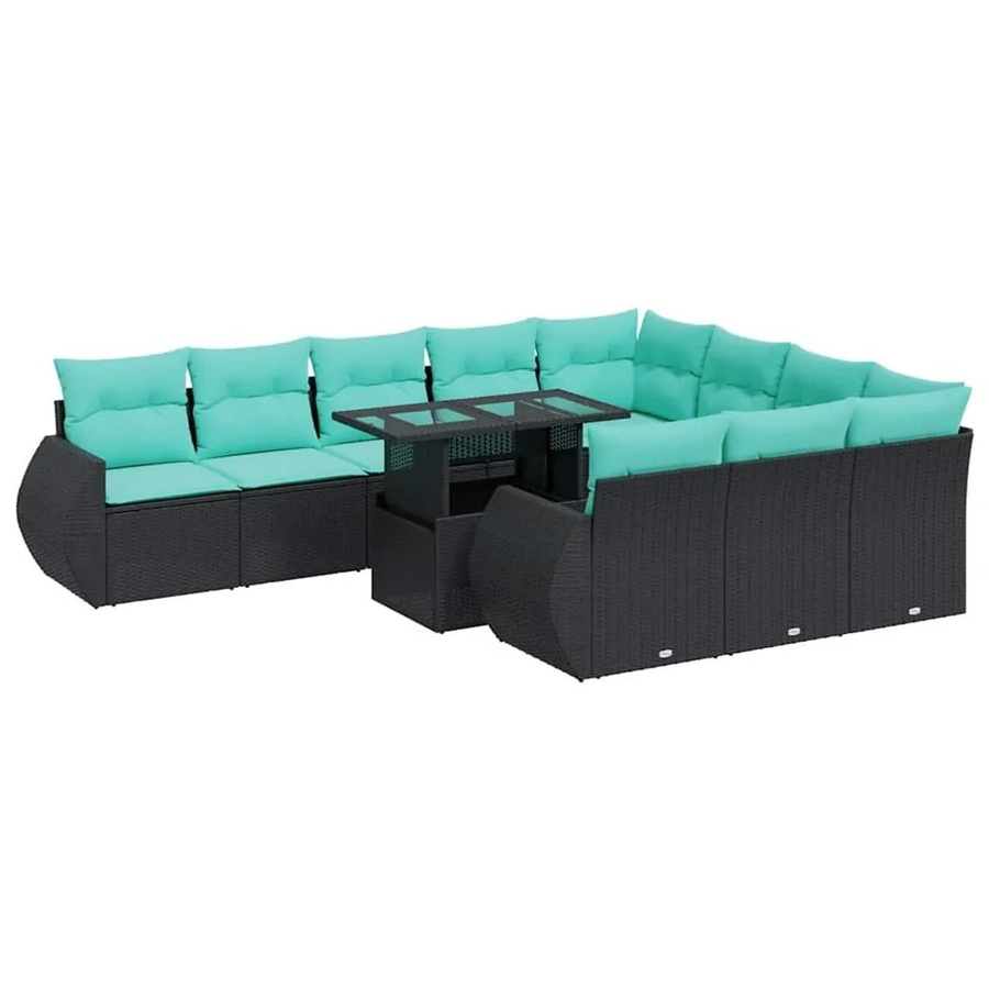 vidaXL 11-teilige Garten-Sofagarnitur in U-Form aus schwarzem Poly-Rattan mit Kissen und pulverbeschichtetem Stahlgestell - Bild 2
