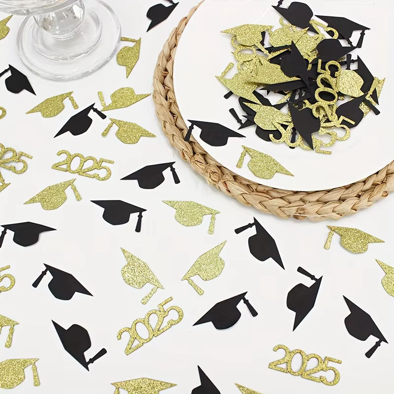 100 Stück Abschlusskappe-Konfetti in Schwarz und Gold aus Papier für deine Abschlussfeier - Bild 4