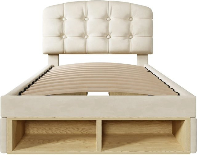 okwish Polsterbett mit Schubladen in Beige, Samtbezug, B/T/H: 90 x 200 x 101 cm - Bild 1