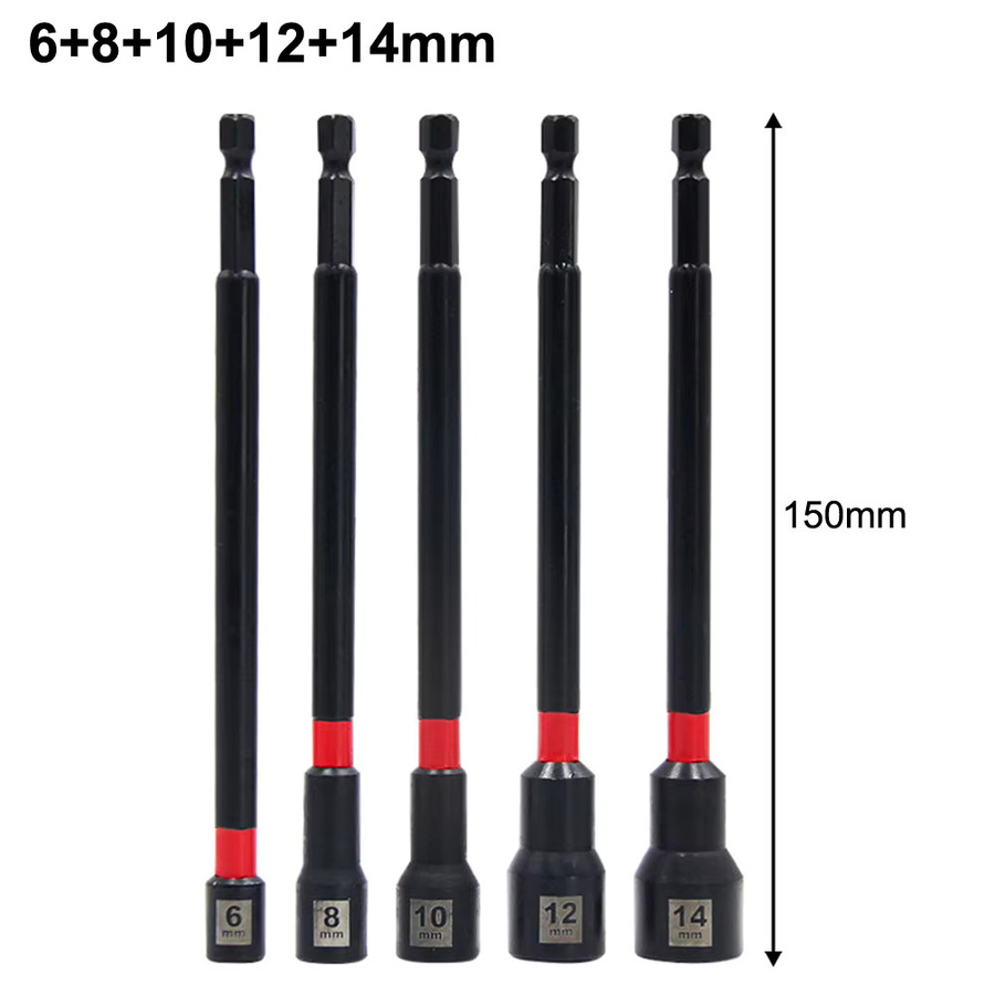 VIBRATITE Magnetisches Muttertreiber Set aus Legiertem Stahl, 5-teilig, 6 Zoll, Hex Buchsen Adapter für Schlagbohrmaschinen, Größen: 6 mm, 8 mm, 10 mm, 12 mm, 14 mm - Bild 4