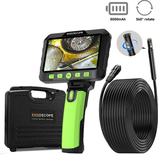 BUMBORN Industrielles Endoskop mit 5 Zoll IPS-Bildschirm, 1080P HD, 360 Grad automatisch drehbar, IP67 Inspektionskamera für Rohre, Schwarz, Durchmesser: 9,5 mm - Bild 1
