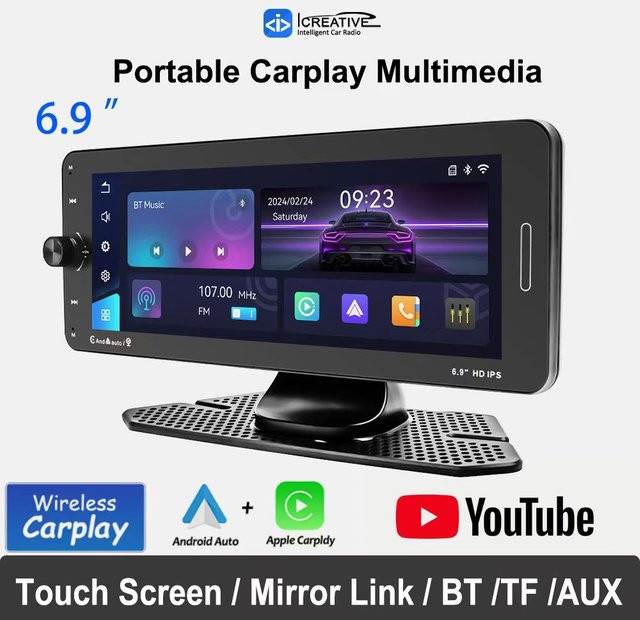 Universal 6,9 Zoll Auto Radio mit Apple CarPlay und Bluetooth, Drahtloser HD Touchscreen Multimedia Player mit Spiegel Link und FM Transmit, Schwarz - Bild 1