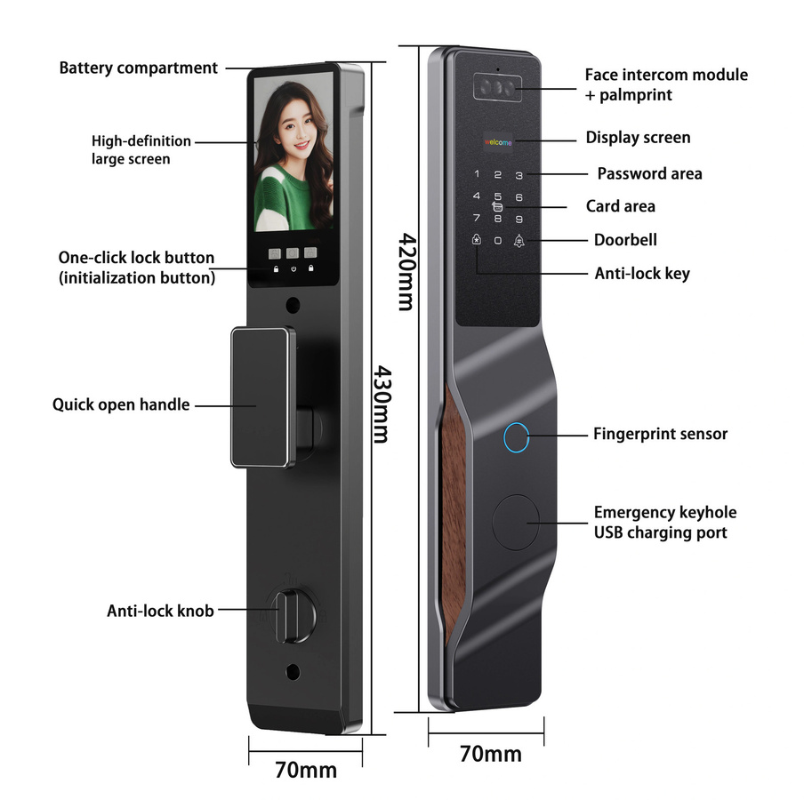 Tuya Smart Türschloss in Schwarz mit 3D Gesichtserkennung, Fingerabdruck, Passwort, Kamera und Tuya App WIFI Steuerung inklusive Intercom-Funktion - Bild 3