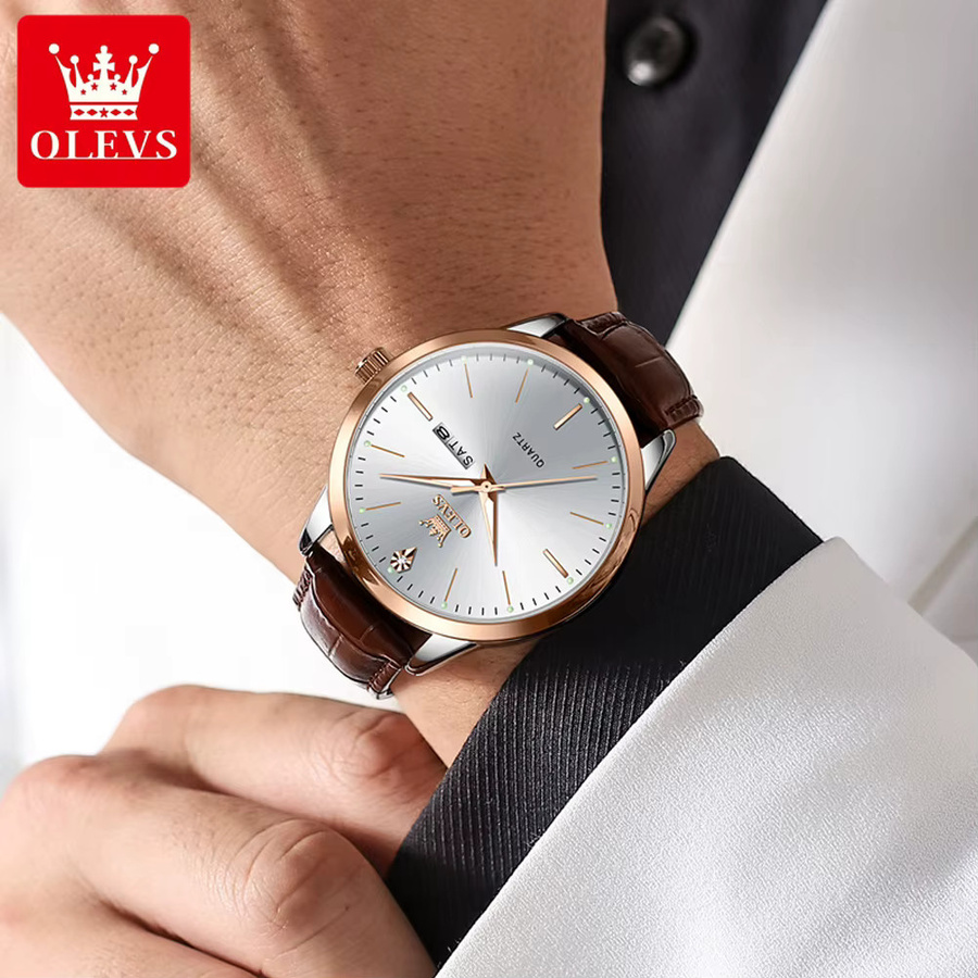 OLEVS Armbanduhr, Quarz, Edelstahl, Roségold, Leder, Herren - Bild 2
