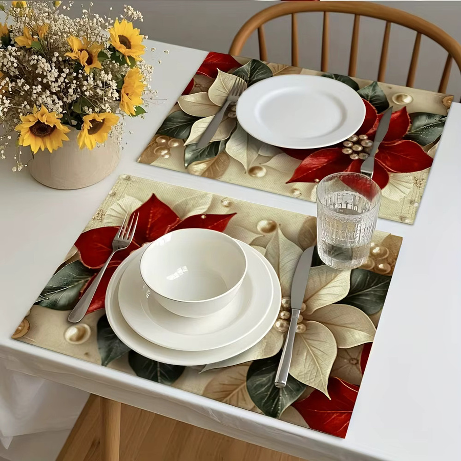 VIKAMA Luxus Tischmatte mit Perlen und Blumenmuster in Rot, waschbar - Bild 2
