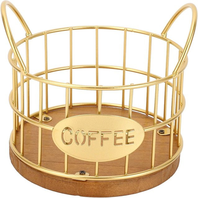 Kaffee Kapsel Korb von CosyHome mit Holzfuß und großer Öffnung in Beige und Gold - Bild 1
