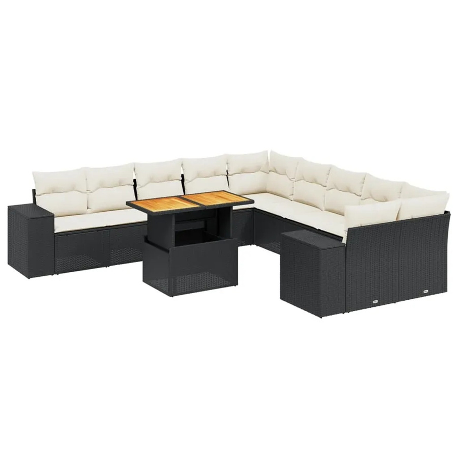 vidaXL 11-tlg. Garten-Sofagarnitur in L-Form aus Polyrattan und Akazienholz mit Kissen in Schwarz und Cremeweiß - Bild 2