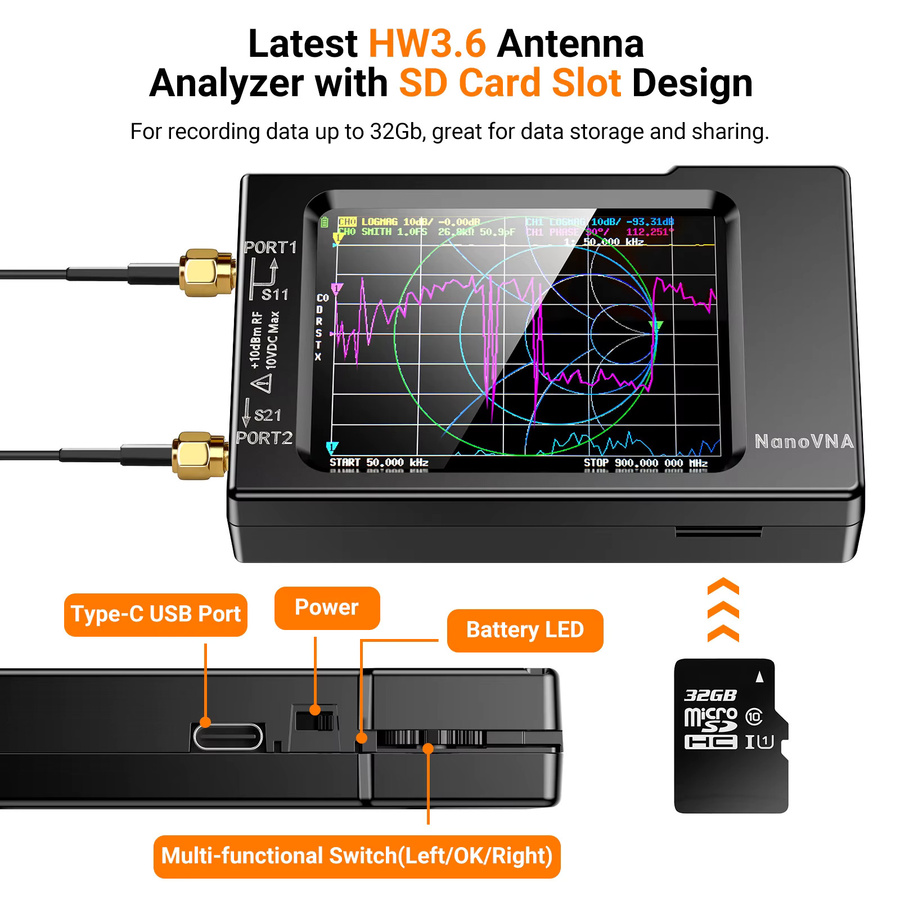 SeeSii NanoVNA-H Vektornetzwerk-Antennenanalysator V3.6 mit SD-Kartensteckplatz, 10kHz-1,5GHz, Schwarz - Bild 2