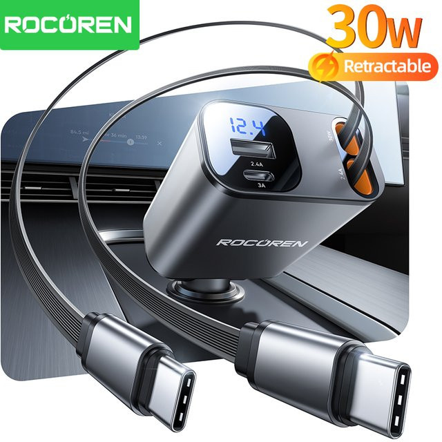 Rocoren 4-in-1 Autoladegerät mit PD 30W USB Typ C, digitaler Anzeige und integriertem Ladekabel - Bild 1