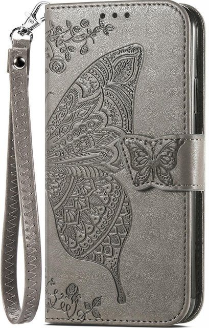 Lederhülle mit Lanyard und Schmetterlings-Prägemuster als Portemonnaie-Klapphülle für Apple iPhone 11 bis iPhone 17 Air in Grau - Bild 1
