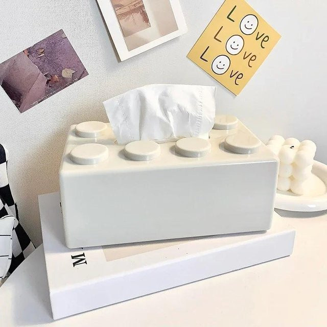 Bestbags Wandmontierte Taschentuchbox aus Kunststoff im Cartoon-Baustein-Design, Weiß, Selbstklebend und Perforationsfrei - Bild 1